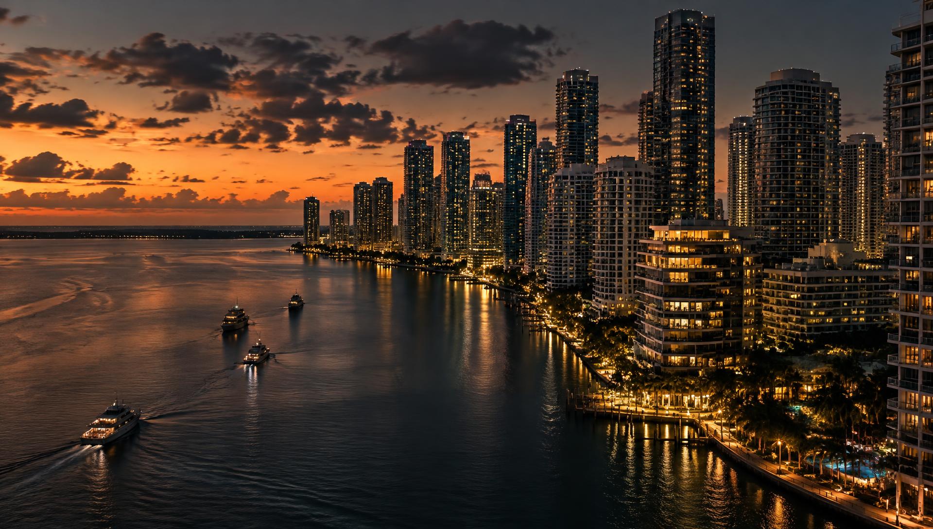 Biscayne Bay and the Miami skyline at dusk